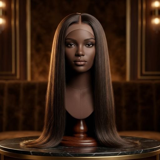 Woman holding up a straight closure human hair wig